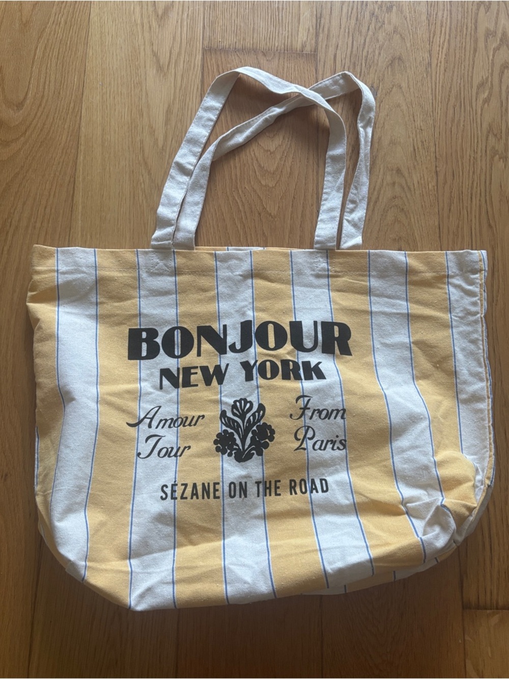 Sezane Yellow and White Striped Canvas Tote with Bonjour New York Print